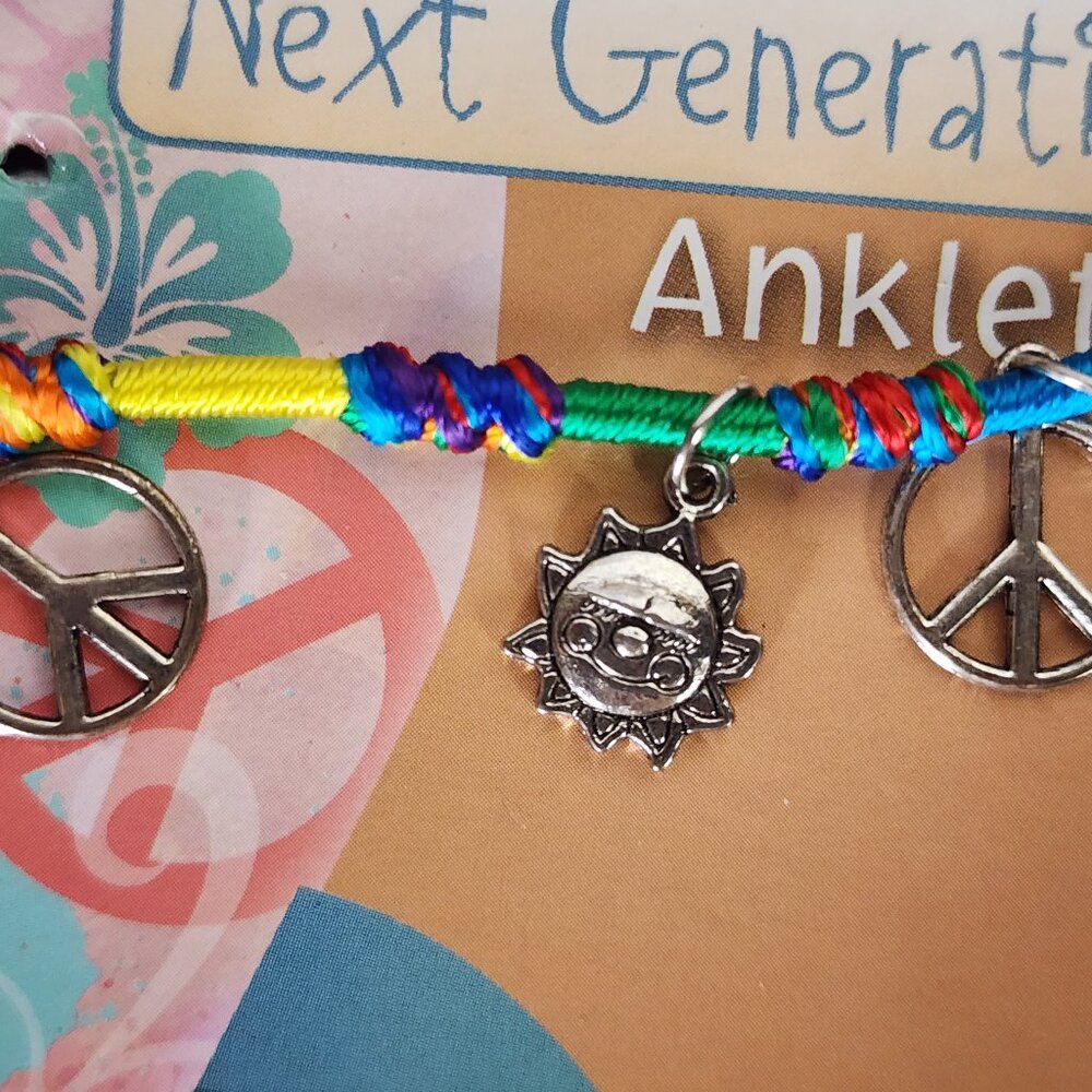 Novelty Inc Next Generation Silver Tone Peace Sun Symbols on Yarn Ankle Bracelet - Picture 10 of 16